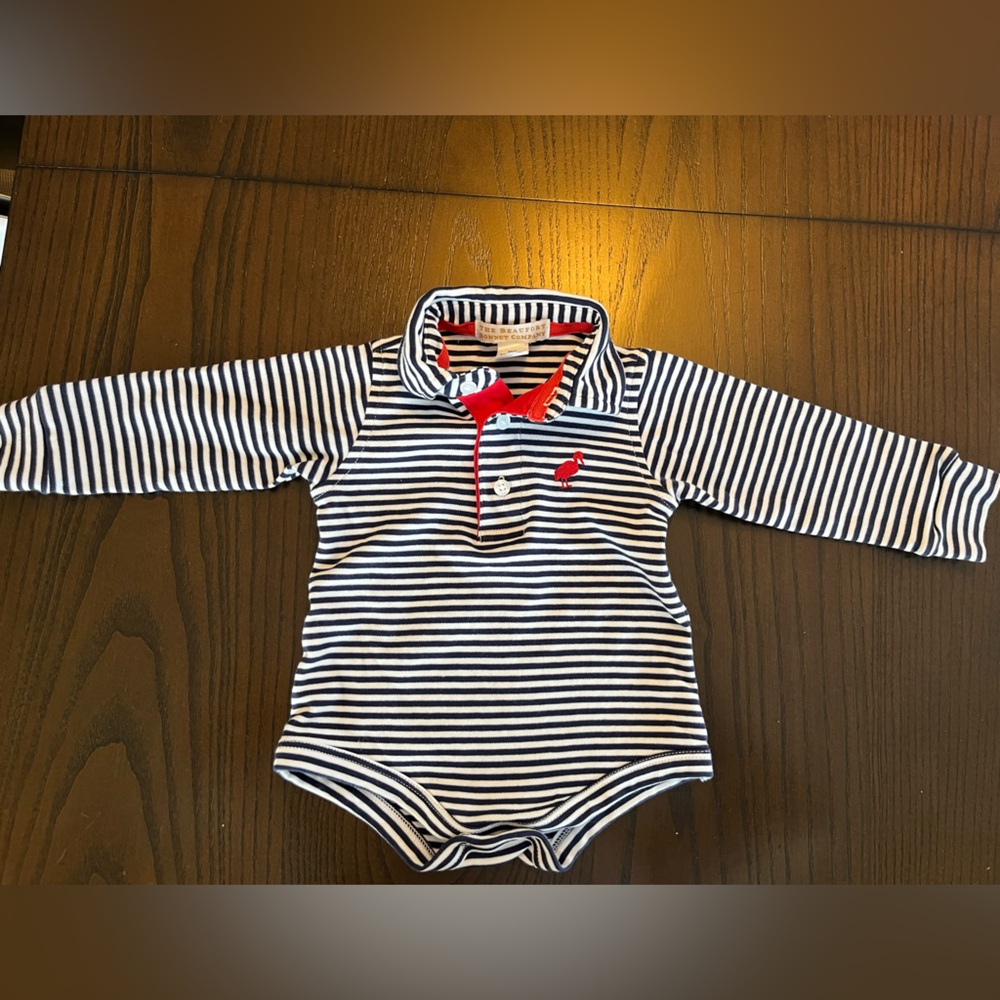 NWOT The Beaufort Bonnet Company Navy and White Striped Bodysuit with Red Accent